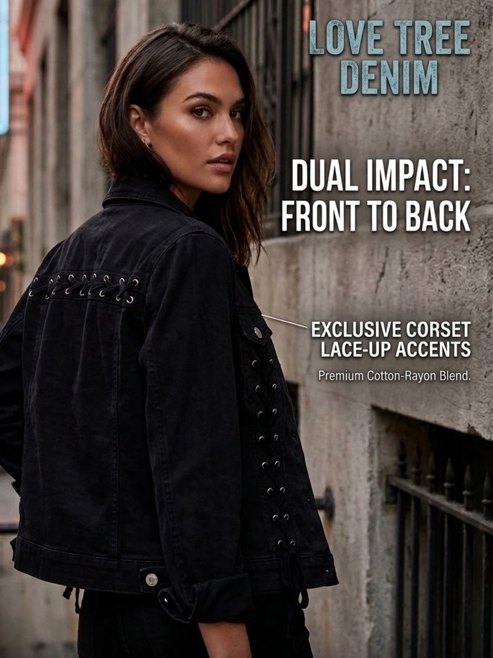Love Tree Black Corset Lace-Up Denim Jacket